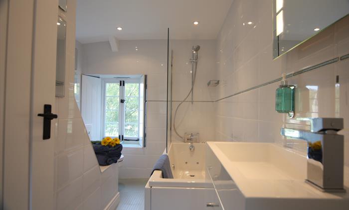 Tintern Abbey Cottage main bathroom with spa bath and shower
